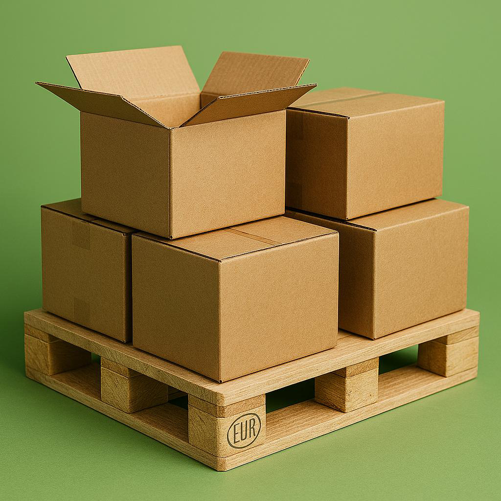 Foto på en pall med bruna kartonger